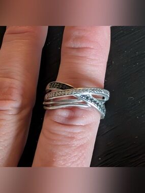 Sterling Silver Black & White Diamond Bypass Ring | Size 6.5